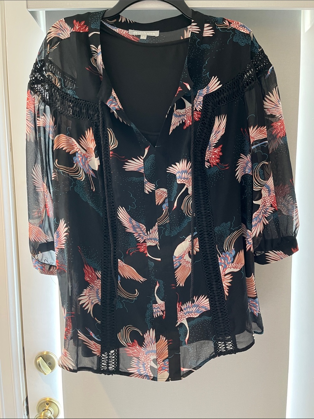 Daniel Rainn Black Sheer Crane-Print Blouse with Crochet Trim